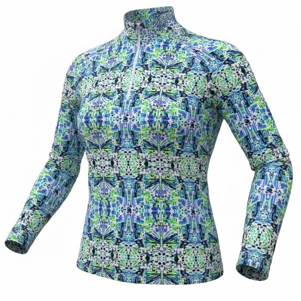 IBKUL Women's S Small‎ Long Sleeve Zip Neck Mock Navy Green Athletic Top Shirt